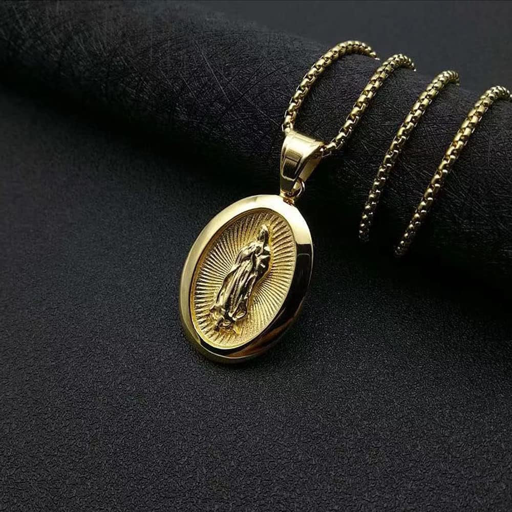 Gold Plated Virgin Mary Necklace Gold Chain Pendant Necklace for Men Women Virgen De Guadalupe Necklace,24In