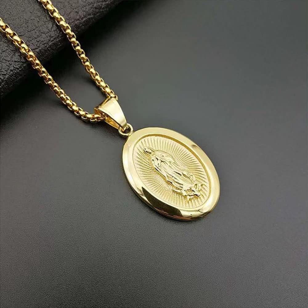 Gold Plated Virgin Mary Necklace Gold Chain Pendant Necklace for Men Women Virgen De Guadalupe Necklace,24In