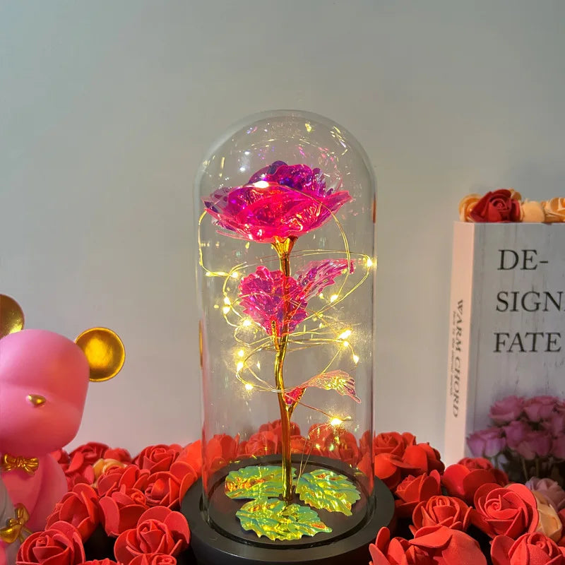 Flor Artificial de Vidro Com Rosa Eterna e Luz LED - Perfeito para Presentear que você Amar