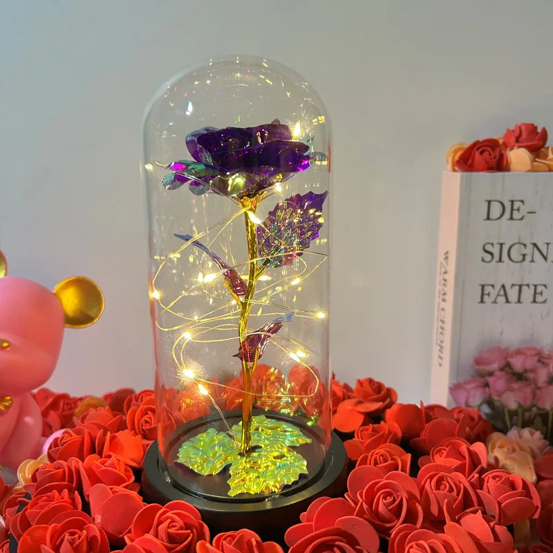 Flor Artificial de Vidro Com Rosa Eterna e Luz LED - Perfeito para Presentear que você Amar
