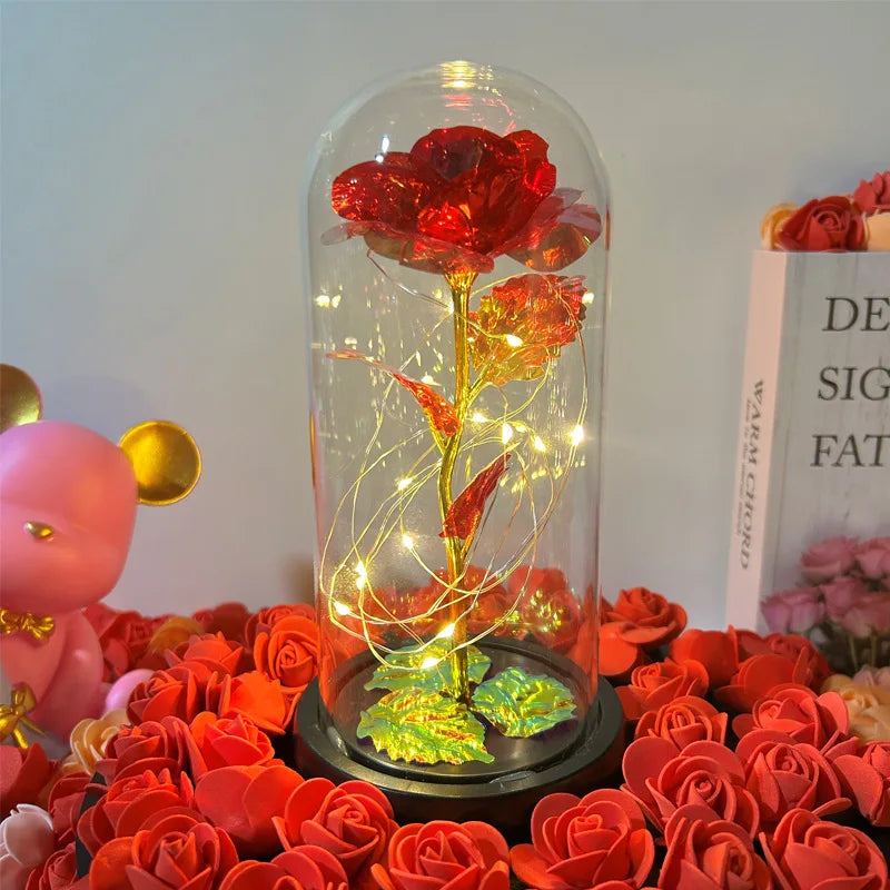 Flor Artificial de Vidro Com Rosa Eterna e Luz LED - Perfeito para Presentear que você Amar