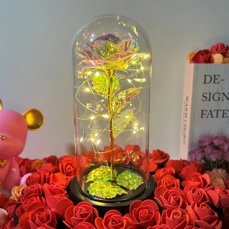 Flor Artificial de Vidro Com Rosa Eterna e Luz LED - Perfeito para Presentear que você Amar