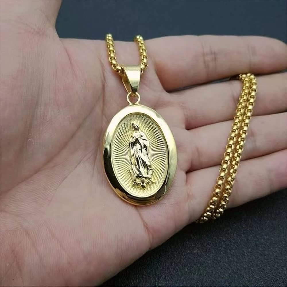 Gold Plated Virgin Mary Necklace Gold Chain Pendant Necklace for Men Women Virgen De Guadalupe Necklace,24In